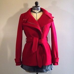 Express red asymmetrical wool blend pea coat